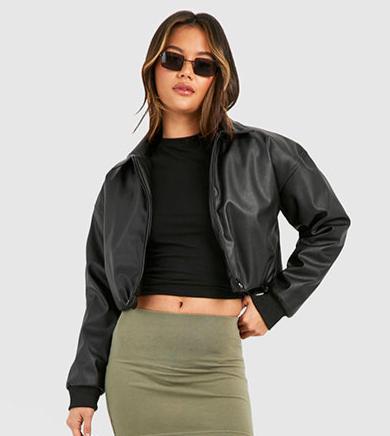 FAUX LEATHER CROPPED COLLAR DETAIL JACKET