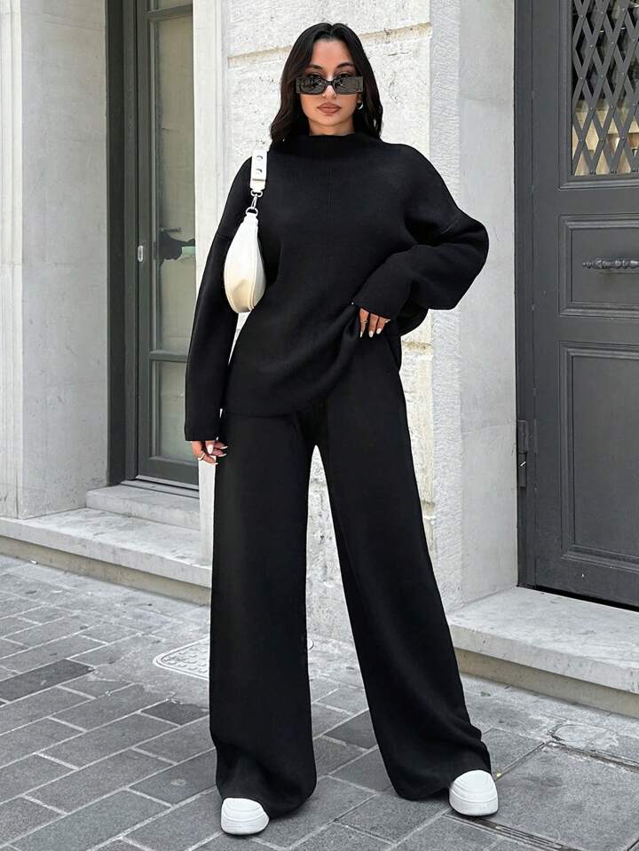 SOLID COLOR DROP SHOULDER SWEATER AND KNITTED WIDE LEG PANTS