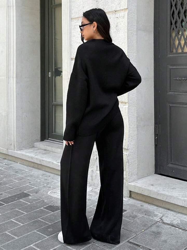 SOLID COLOR DROP SHOULDER SWEATER AND KNITTED WIDE LEG PANTS