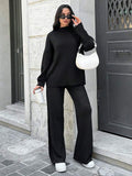 SOLID COLOR DROP SHOULDER SWEATER AND KNITTED WIDE LEG PANTS