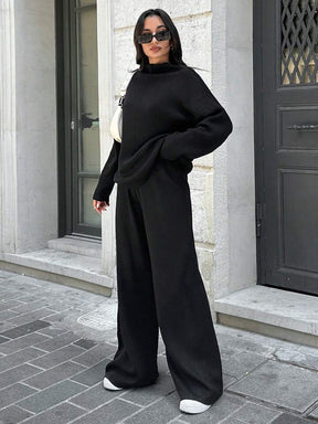 SOLID COLOR DROP SHOULDER SWEATER AND KNITTED WIDE LEG PANTS