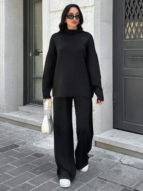 SOLID COLOR DROP SHOULDER SWEATER AND KNITTED WIDE LEG PANTS