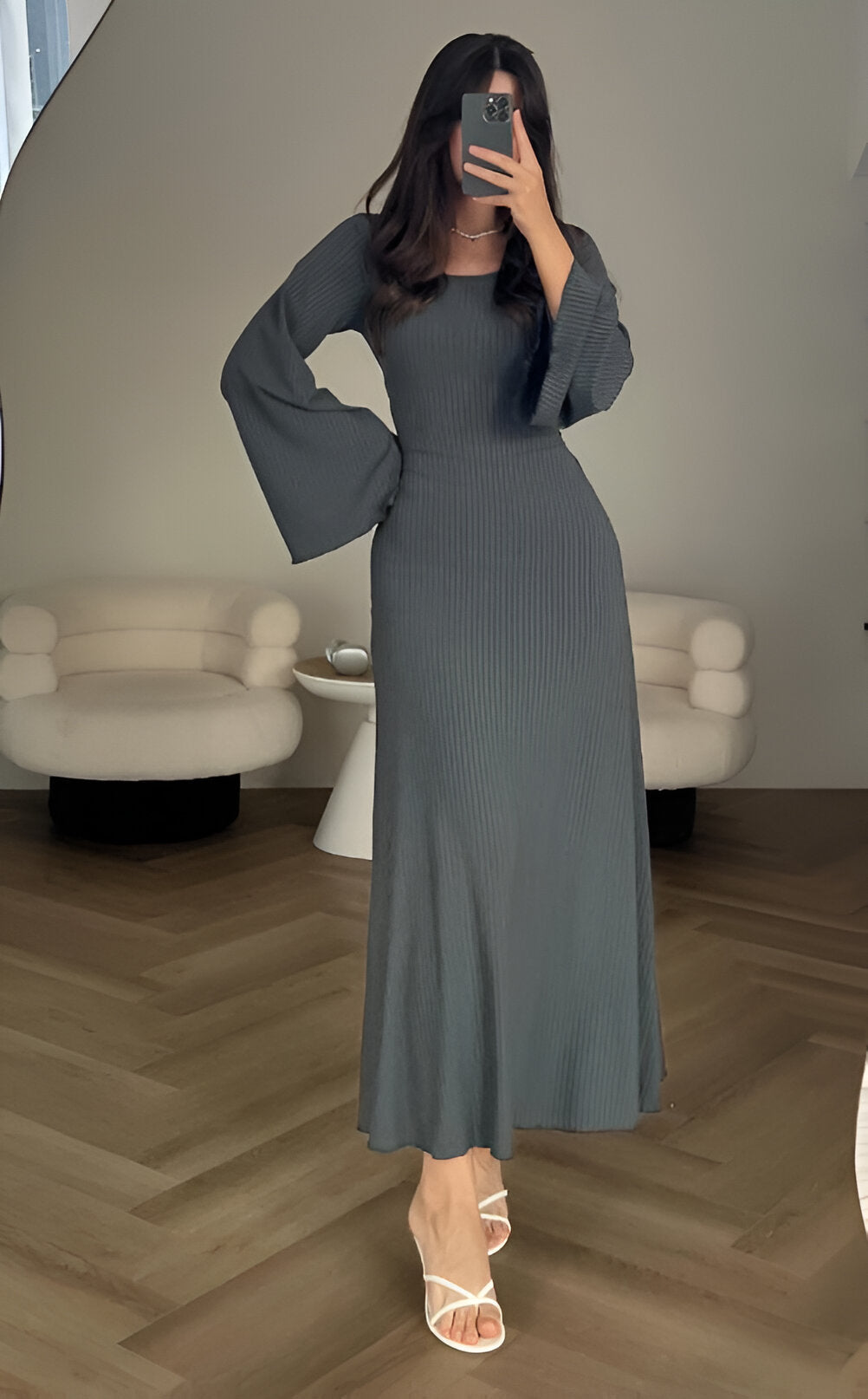 SOLID COLOUR SQUARE NECK TIGHT BLACK LONG SLEEVES BODYCON DRESS