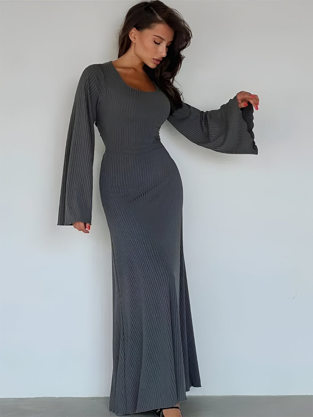 SOLID COLOUR SQUARE NECK TIGHT BLACK LONG SLEEVES BODYCON DRESS