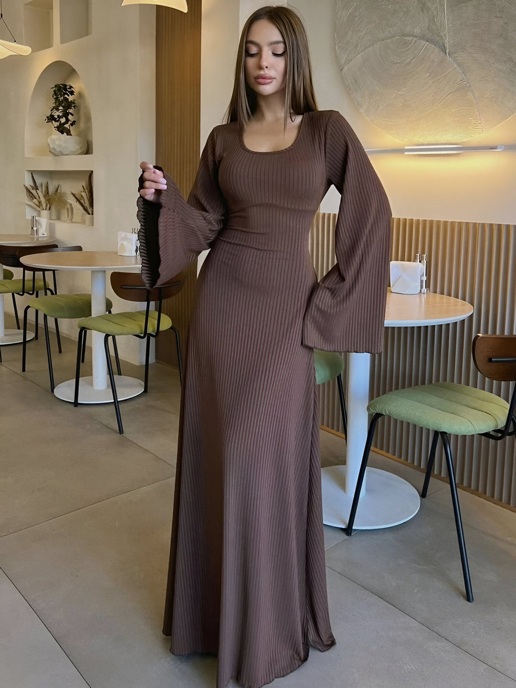 SOLID COLOUR SQUARE NECK TIGHT BLACK LONG SLEEVES BODYCON DRESS