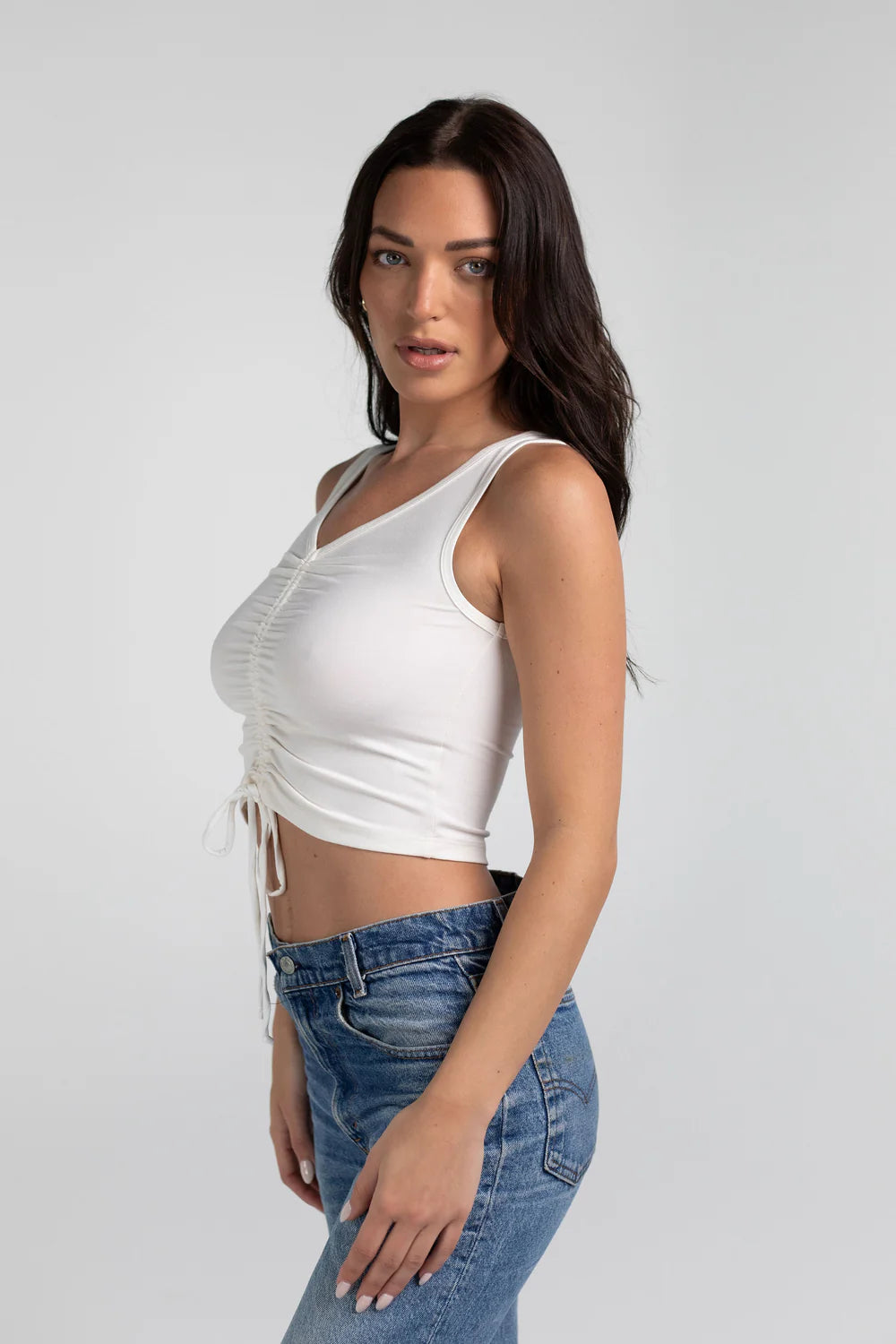 SOLID DRAWSTRING RUCHED CROP TANK TOP