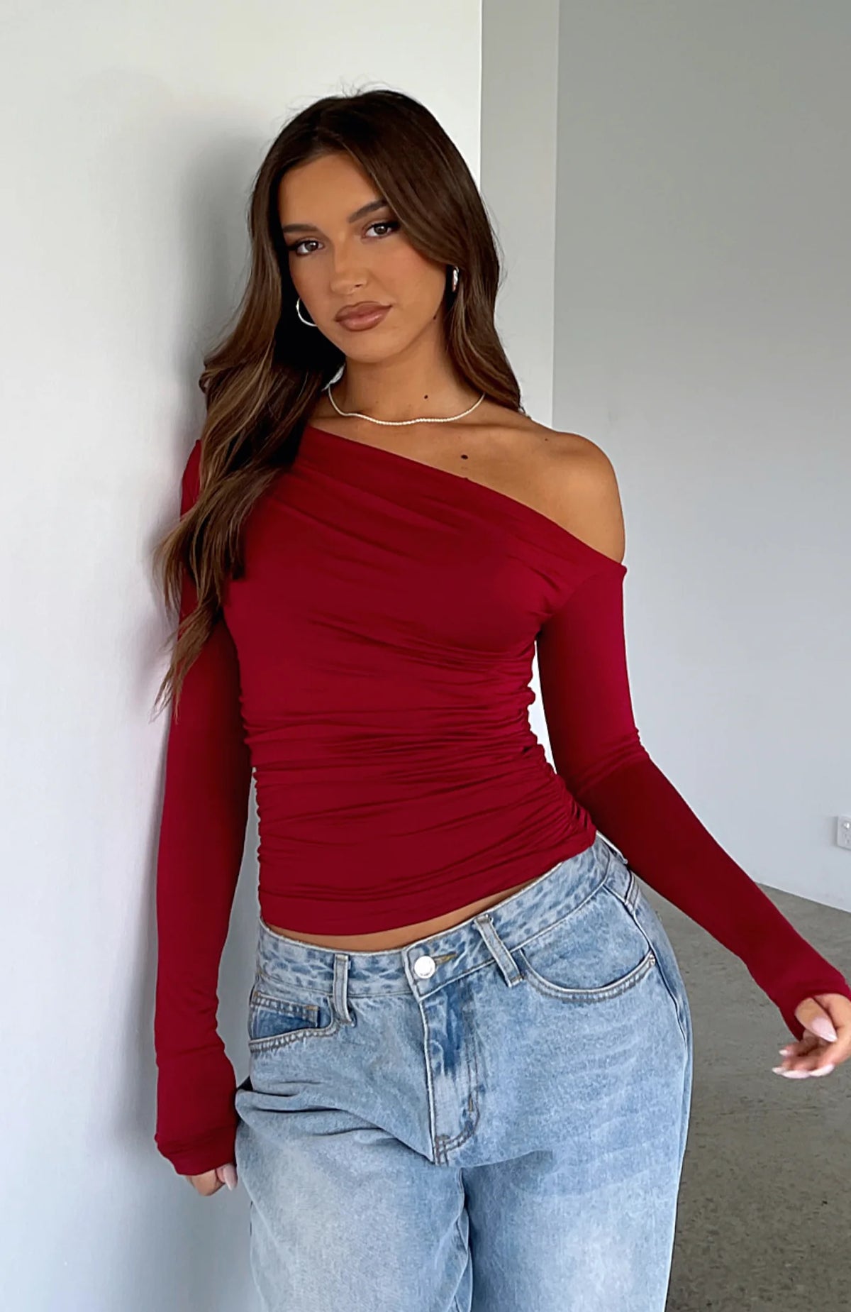 SOLID COLOUR  COLLAR PLEATED LONG SLEEVES  TOP