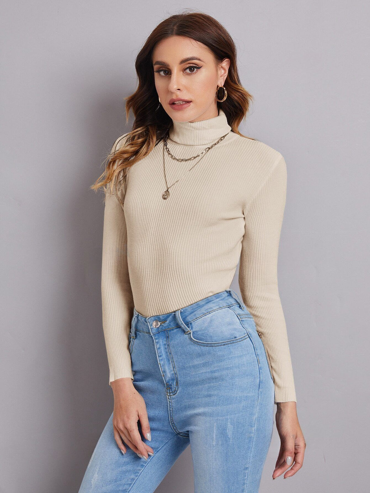 TURTLENECK RIBBED KNIT SWEATER WORKWEAR