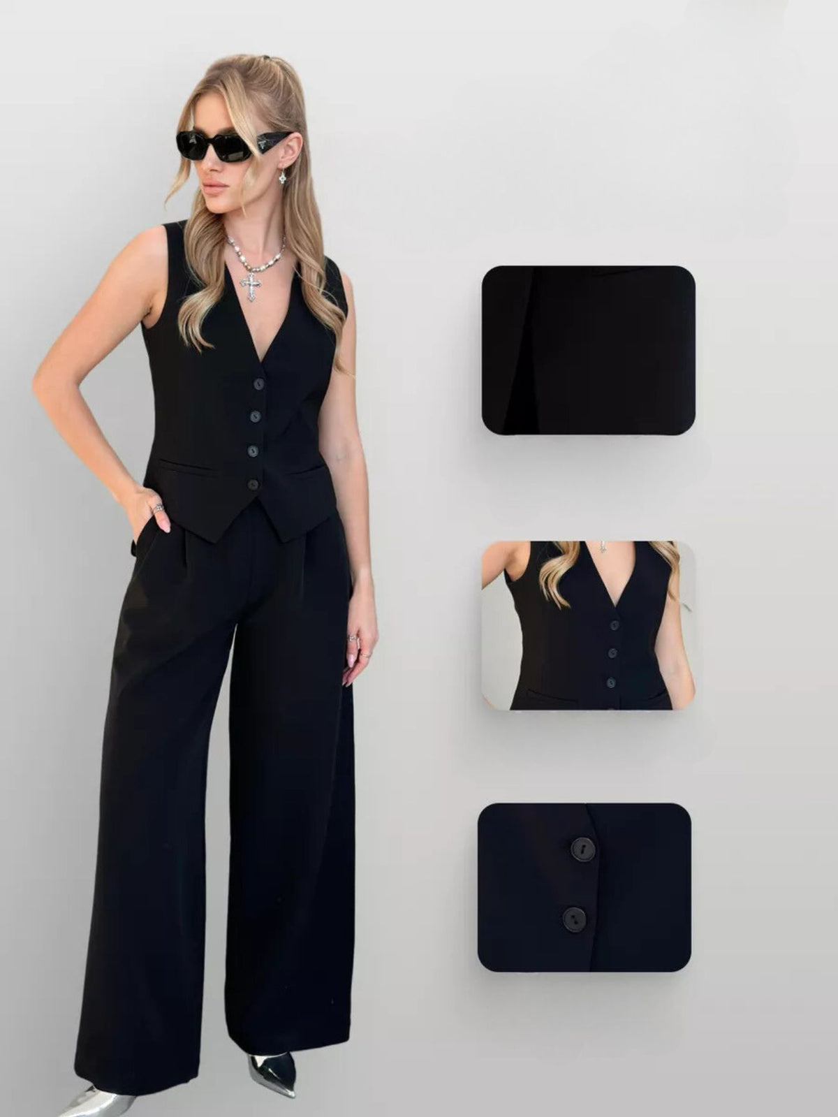 BUTTON FRONT LAPEL NECK VEST & PANT OUTFIT-BLACK