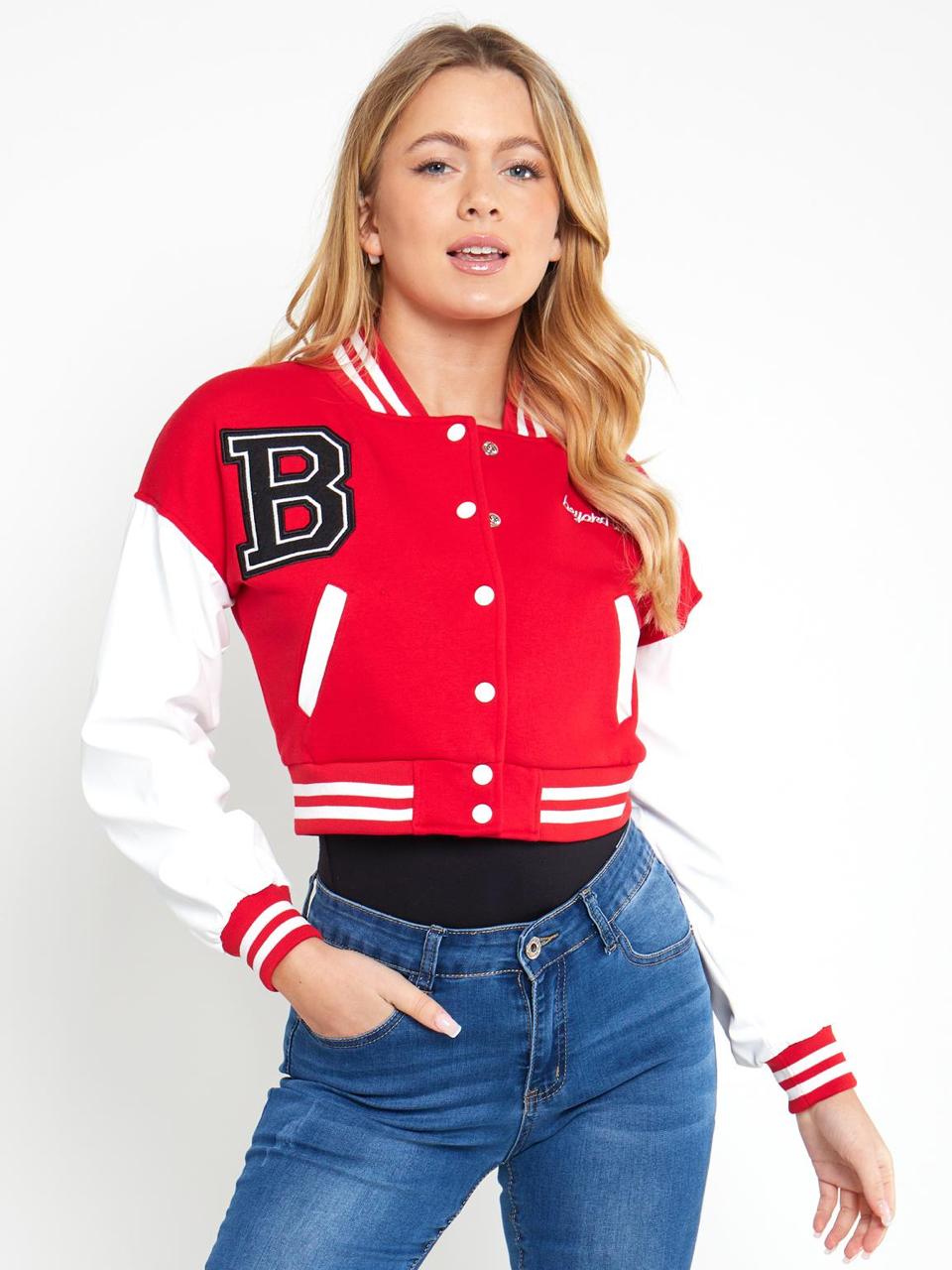 B SLOGAN CROPED VERSITY BASEBALL JACKET