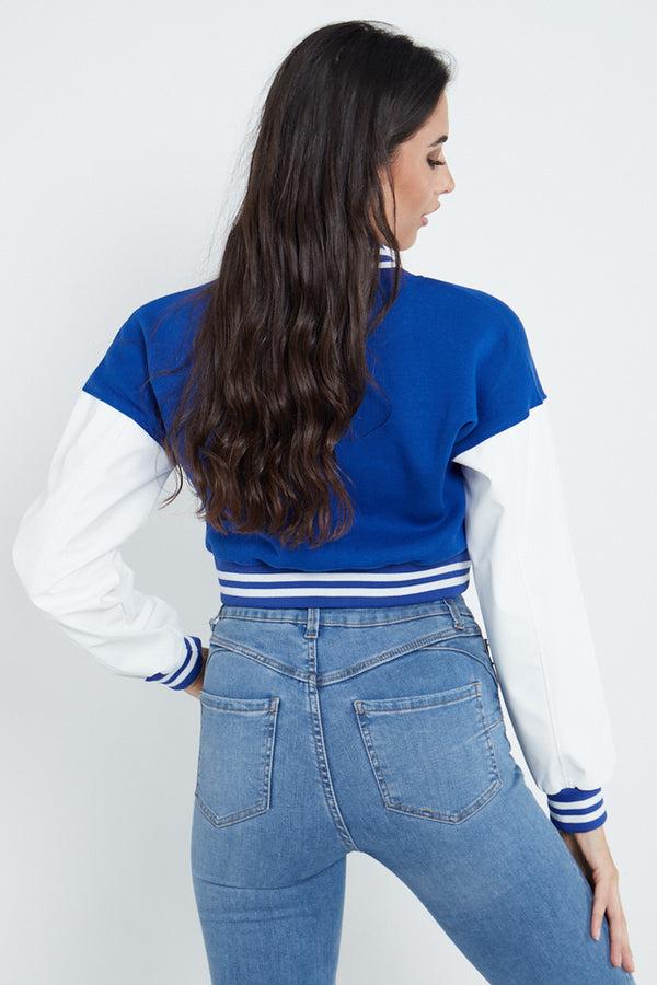 B SLOGAN CROPED VERSITY BASEBALL JACKET