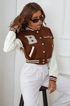 B SLOGAN CROPED VERSITY BASEBALL JACKET