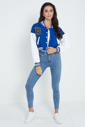 B SLOGAN CROPED VERSITY BASEBALL JACKET