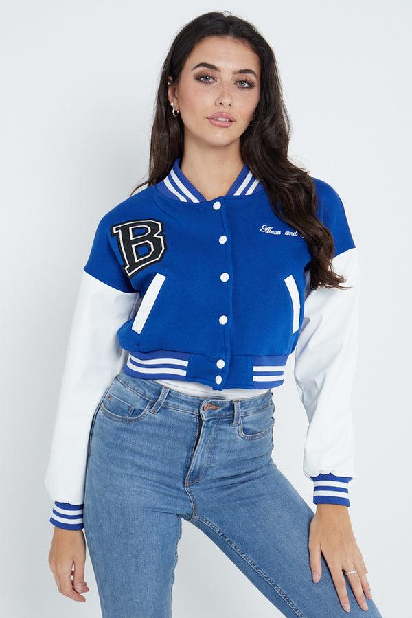 B SLOGAN CROPED VERSITY BASEBALL JACKET