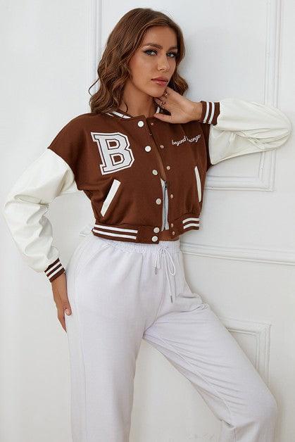 B SLOGAN CROPED VERSITY BASEBALL JACKET