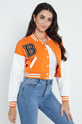 B SLOGAN CROPED VERSITY BASEBALL JACKET