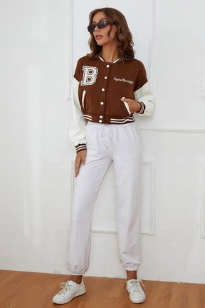 B SLOGAN CROPED VERSITY BASEBALL JACKET