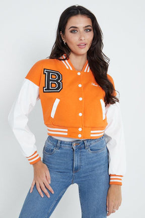 B SLOGAN CROPED VERSITY BASEBALL JACKET