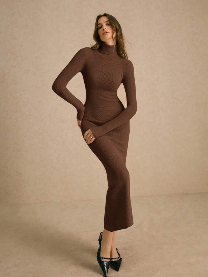 KNITTED  LONG TURTLENECK FITTED SWEATER DRESS